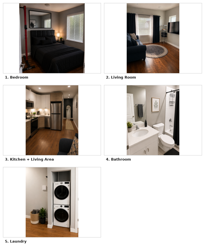 Elite Housing Group furnished stay example with bedroom, living room, kitchen, bathroom, and laundry in Chicago